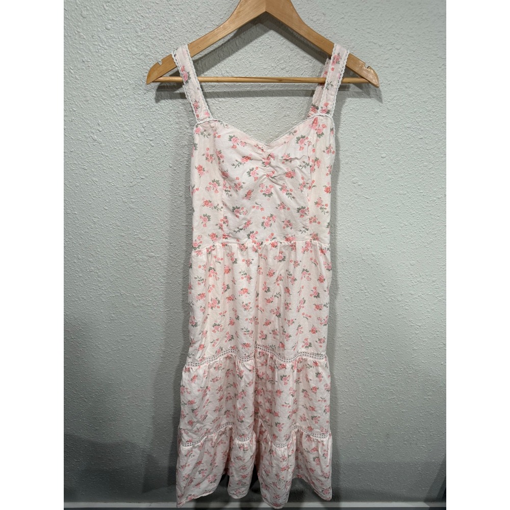 Pink Floral Sweetheart Lace Tiered Midi Dress L Cottagecore Coquette Fairycore - Picture 3 of 9